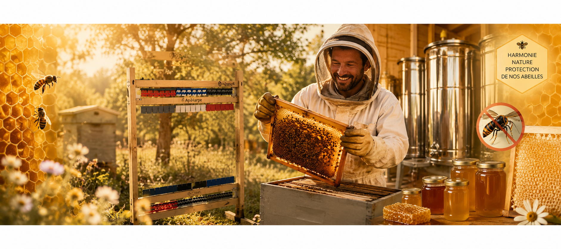 bannièe protection des abeilles contre le frelon asiatique avec harpe anti-frelon Apiharpe